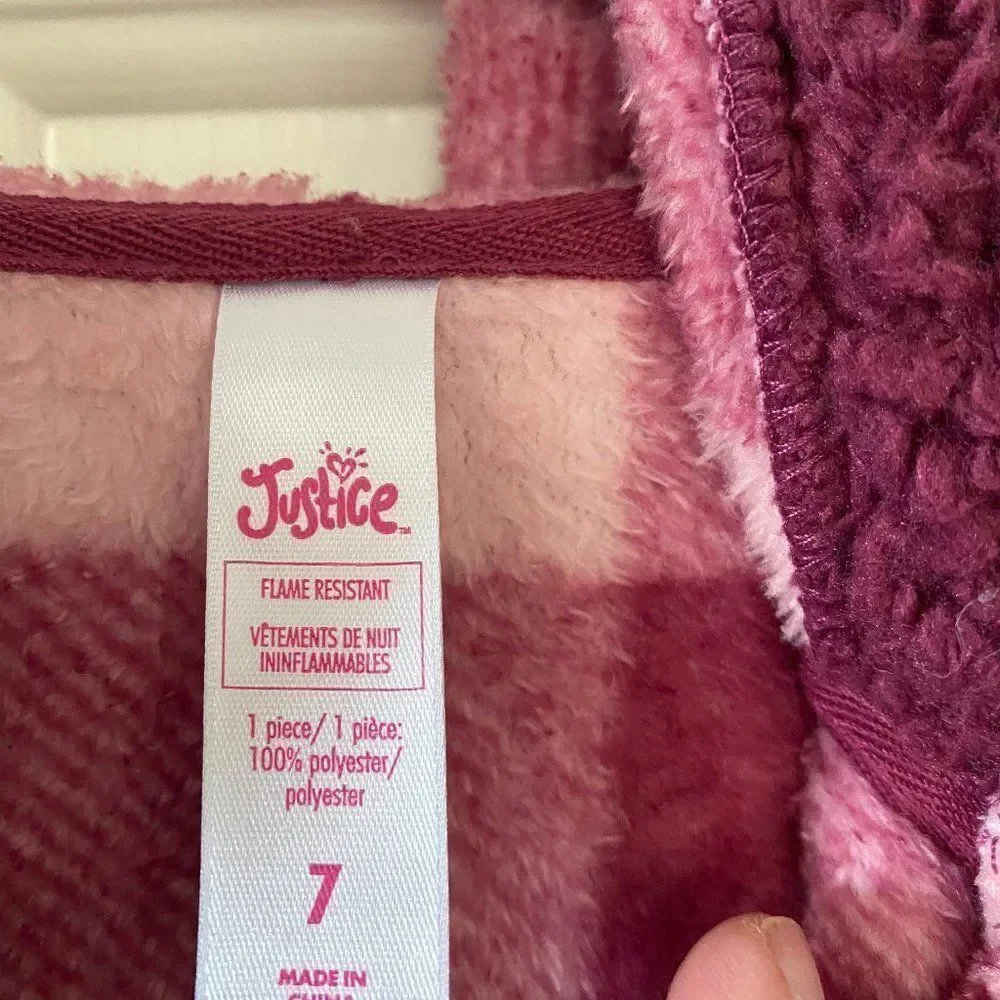 Justice Girls Fleece Hooded Romper Pajamas Size 7 Burgundy Pink Plaid